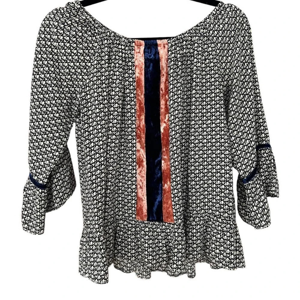 THML Women's Ruffled Velour Stripes Blouse Size Small